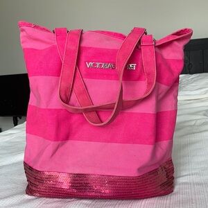 Victoria’s Secret Pink Striped Canvas Sequin Tote / Beach Bag